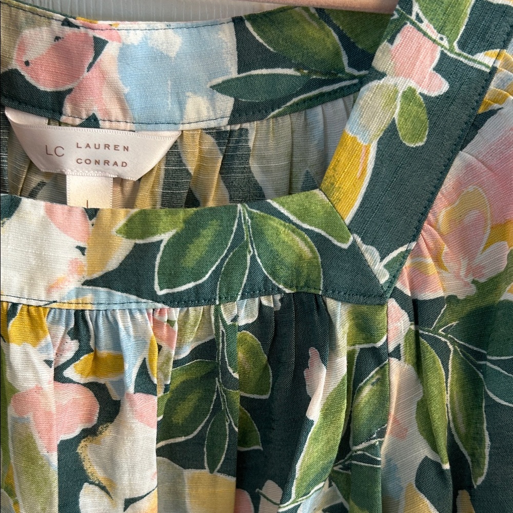 LC Lauren Conrad Multicolor Floral Blouse – Women’s Large, Square Neck & Tie Sle - Picture 5 of 6
